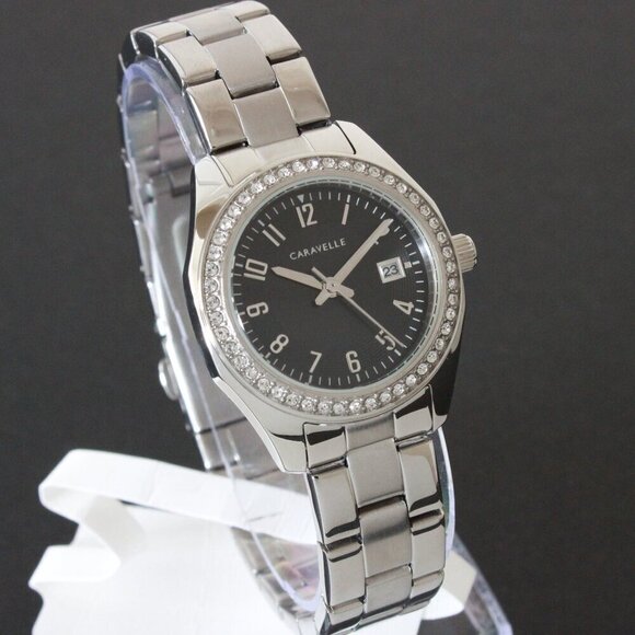 Caravelle Ladies Dress Watch By Bulova Black Sunray Dial 48 Crystal Bezel 28mm - Picture 2 of 12